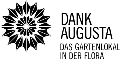 Schwarzes Blumenlogo mit Text Dank Augusta Das Gartenlokal in der Flora auf weißem Hintergrund.