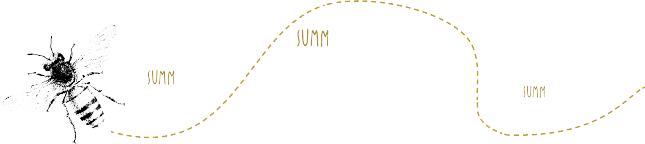 Abbildung einer Biene mit gepunkteter Flugbahn und dem Wort SUMM, das dreimal entlang der Bahn erscheint.