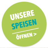 Grüner Kreis mit dem deutschen Text UNSERE SPEISEN ÖFFNEN in Weiß und Blau, mit einem Pfeil.