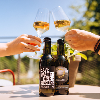 Zwei Hände stoßen mit Weingläsern hinter zwei Flaschen Weißwein auf einem Tisch im Freien im Sonnenlicht an.